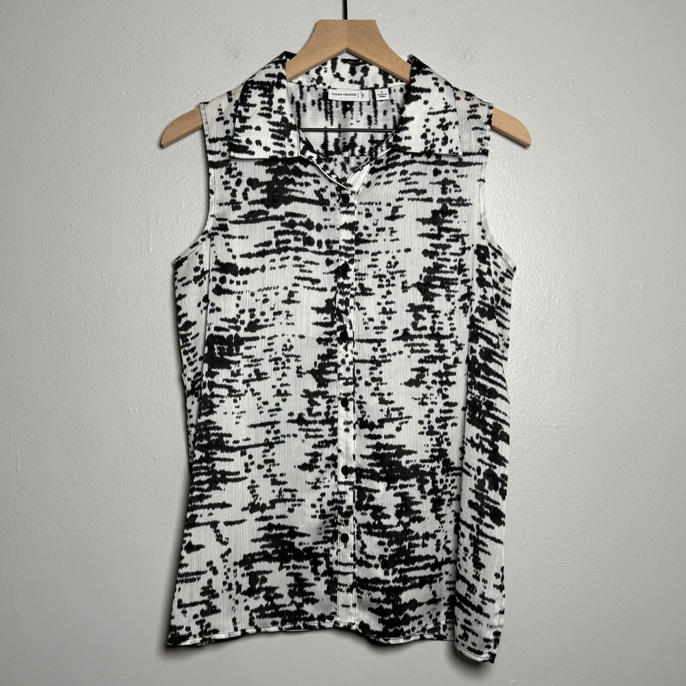 Susan Graver Womens Blouse‎ S Black White Abstract Sleeveless Shirt Career